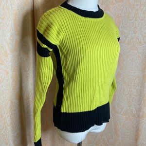 Bright neon green and black striped ribbed knit sweater